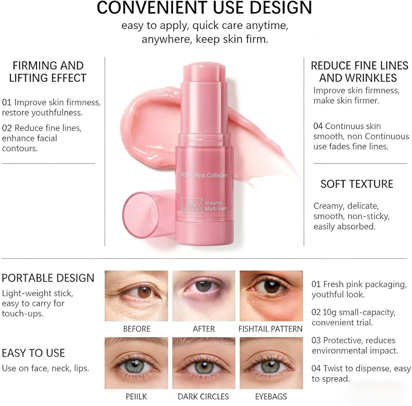 PDRN Pink Collagen Volume Multi Balm - Multi-Purpose Anti-Aging Face Stick for Under-Eye, Neck, Forehead & Smile Lines - Firming & Lifting Collagen Booster with Poly Deoxy Ribo Nucleotide (10G)
